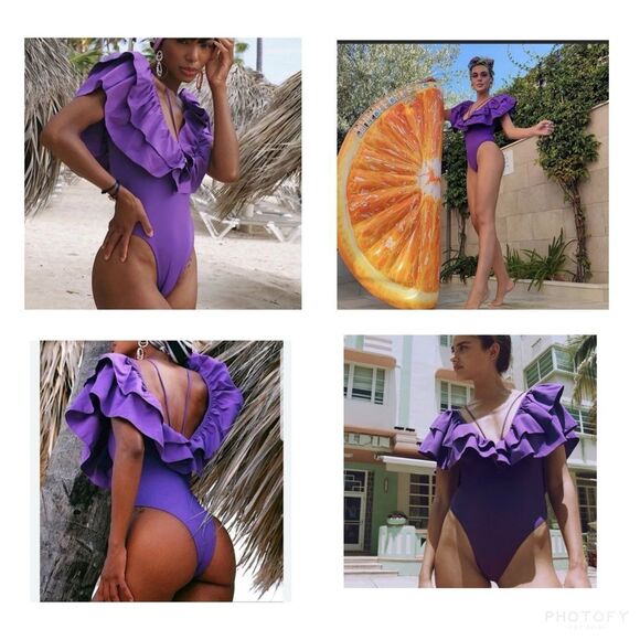 NWT ZARA Purple Ruffle One Piece Swimsuit and Bodysuit 0167/206 Sz Small - Picture 1 of 16